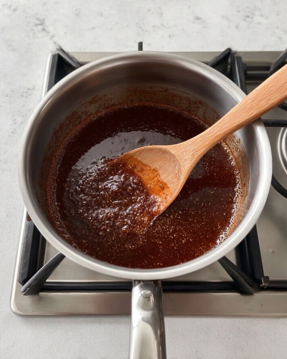 A shiny silver pot sits on a stove with a silver grate, containing a dark reddish-brown thick liquid that appears to be simmering. A wooden spoon with a smooth texture is resting inside the pot, stirring the liquid gently. The stove surface is a clean white marbled texture adding a bright contrast to the cooking scene. The liquid looks rich and slightly glossy in the center where it is stirred, surrounded by more textured edges. photo taken with an iphone --ar 4:5 --v 7