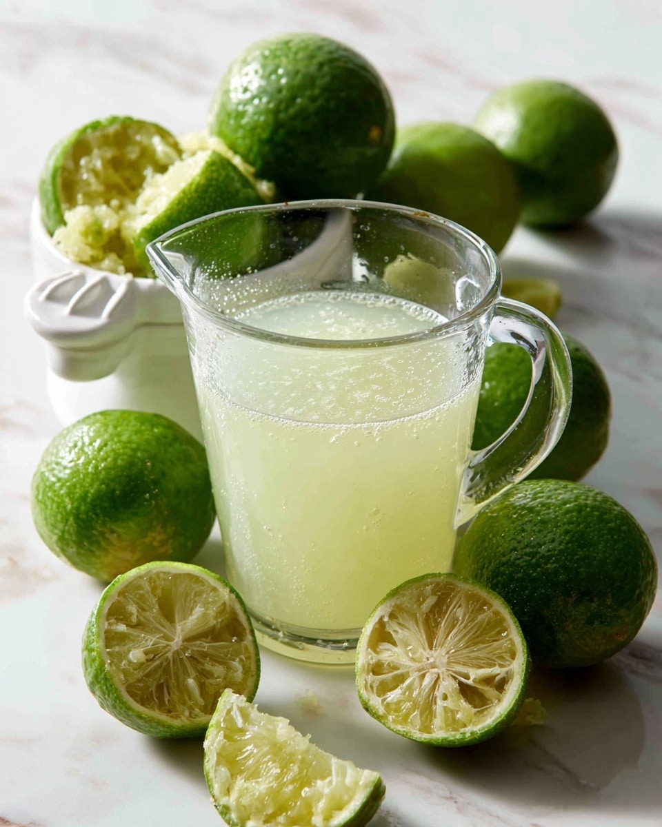 A clear glass measuring cup filled with pale green lime juice sits in the center on a white marbled surface. Around it, whole green limes and halved limes with visible seeds are scattered. Behind the juicer, a white lime reamer holds a green lime half on top, with leftover lime pulp and juice inside the reamer. The bright green and light yellow tones of the limes and juice contrast with the clean white marbled background. The scene is bright and fresh, showing the process of making fresh lime juice photo taken with an iphone --ar 4:5 --v 7