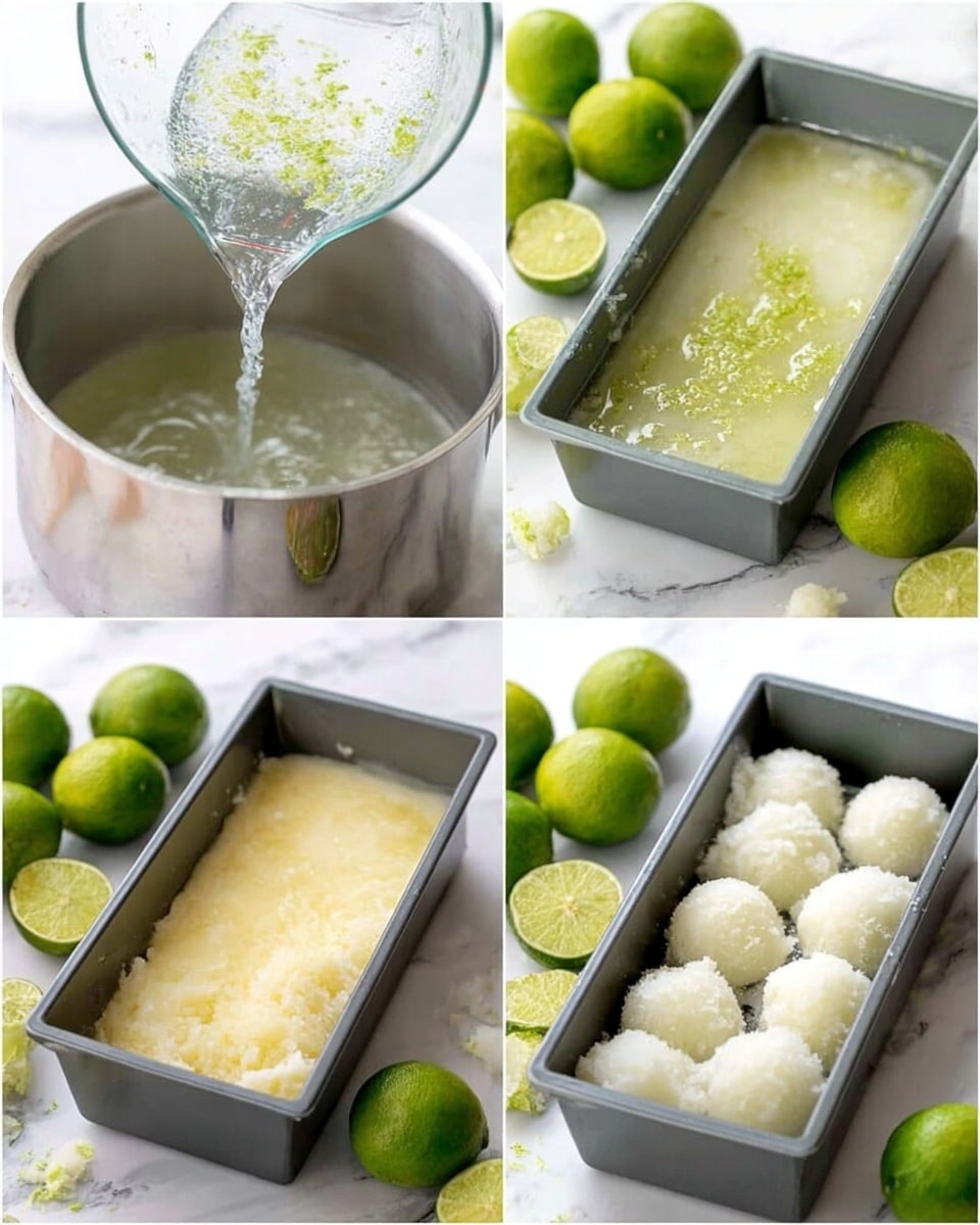 A four-image collage shows the process of making a frozen lime dessert. The first image has a close-up of a silver pot with clear liquid being poured from a clear measuring cup, with lime zest floating in the liquid. The second image shows a gray rectangular mold filled with light green liquid with lime zest inside, placed on a white marbled surface surrounded by whole and halved green limes. The third image shows the same mold filled with a thick, icy light yellow mixture, again placed on the white marbled surface with green limes around it. The fourth image shows the mold filled with five round, white scoops of the frozen dessert, the texture looks icy and grainy, with a lime nearby on the white marbled surface. photo taken with an iphone --ar 4:5 --v 7
