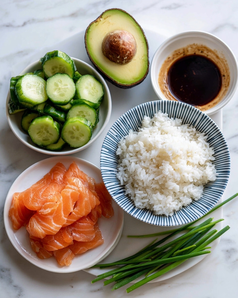 The image shows a neat arrangement of ingredients for a dish on a white marbled surface. There is a white bowl with blue stripes filled with short grain white rice placed near the center. To the right, a small white bowl holds a light brown bang bang sauce, and below it, a small white bowl with dark soy-like sauce including coconut aminos, rice vinegar, and toasted sesame oil. On the left, a halved avocado with a visible seed sits above a white plate containing sliced mini cucumber and whole mini cucumbers. At the bottom, smoked salmon slices lay on a white plate, while green chives are placed beside the bowls on the right side. The scene is clear and bright, photo taken with an iphone --ar 4:5 --v 7