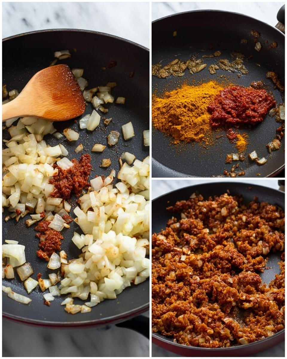 A collage of three close-up images shows the cooking process in a black non-stick pan on a white marbled surface. The first image shows small white chopped onions being stirred with a wooden spoon held by a woman's hand; the onions look soft and slightly translucent, spread across the pan’s surface with the red heat spot visible in the center. The second image shows the onions with added bright orange-yellow curry powder and a scoop of red tomato paste sitting on top, the spices piled in one spot on the softened onions. The third image shows all the ingredients mixed and cooked into small evenly browned pieces of onion and spice, creating a textured reddish-brown mixture spread across the pan. photo taken with an iphone --ar 4:5 --v 7