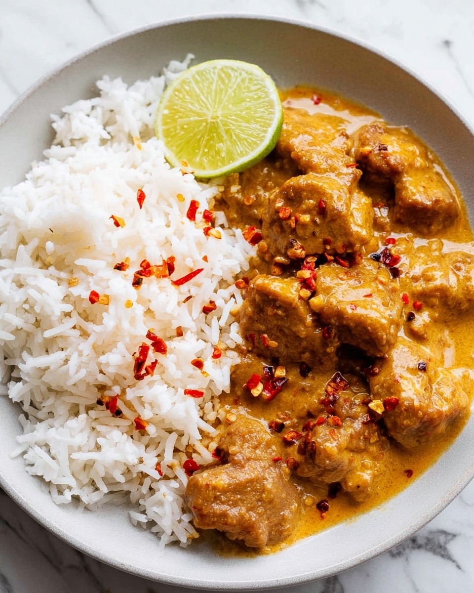 A white plate holds two main layers: on the left side, a bed of white fluffy rice with separated grains, topped with small red chili flakes and a quarter slice of lime resting on the edge, showing a green rind and juicy light yellow inside. The right side features several golden-brown pieces of meat fully covered in a thick, creamy orange sauce with visible bits of spices and more red chili flakes sprinkled on top. The sauce partially seeps into the rice. The plate is set on a white marbled surface. Photo taken with an iphone --ar 4:5 --v 7
