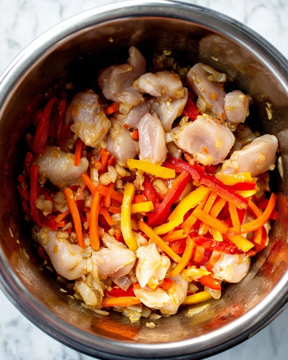 Inside a shiny metal pot, there are three visible layers of ingredients: at the bottom, small pieces of cooked onion with a light brown color and soft texture; in the middle, bright yellow and red bell pepper strips along with sliced orange carrots, all fresh and crisp; on the top, raw pale pink chicken pieces with a smooth texture. The pot is open, showing all the layers clearly, placed on a white marbled surface. photo taken with an iphone --ar 4:5 --v 7
