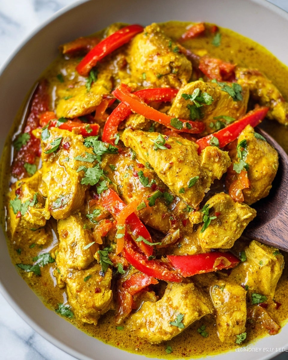 This image shows a close-up of a curry dish in a white bowl placed on a white marbled surface. The dish has chunks of yellow chicken layered with slices of red bell pepper and bits of green cilantro spread on top. The curry sauce is golden yellow with a smooth texture, pooling around the main ingredients. Pieces of chicken and pepper are scattered and coated in the sauce, with a wooden spatula resting on the edge that has curry on it. photo taken with an iphone --ar 4:5 --v 7