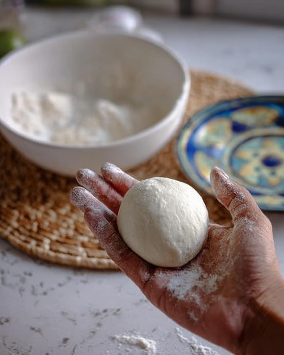 A close-up view of a woman's hand holding a small, smooth, white dough ball, with some flour dust visible on her fingers. In the background, there is a white mixing bowl filled with more white dough, resting on a woven mat. Nearby, a white plate with a blue and gold patterned rim is seen out of focus. The surface underneath is a white marbled texture. photo taken with an iphone --ar 4:5 --v 7
