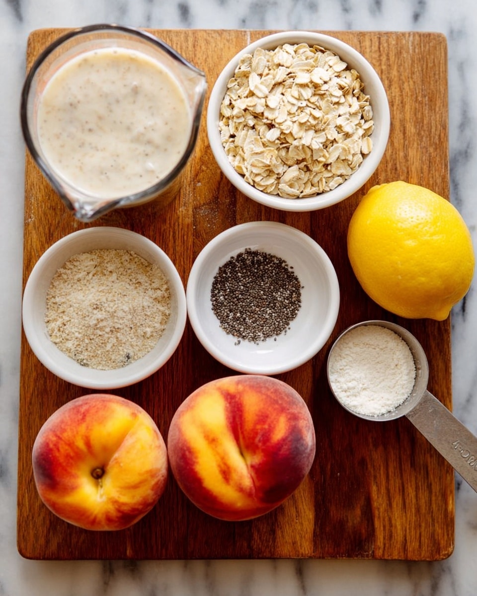 The image shows a wooden board with several ingredients placed neatly on it. From left to right, there is a clear glass measuring cup filled with a creamy liquid. Below it, three small white bowls hold rolled oats, a pale powdery flour, and a mixture of light and dark granules resembling salt and spices. In the middle, a small white bowl is filled with tiny black chia seeds. To the right, there is a whole bright yellow lemon, two ripe peaches with red and orange skin, and a metal measuring cup containing a white powdery substance. The background is a white marbled texture. photo taken with an iphone --ar 4:5 --v 7