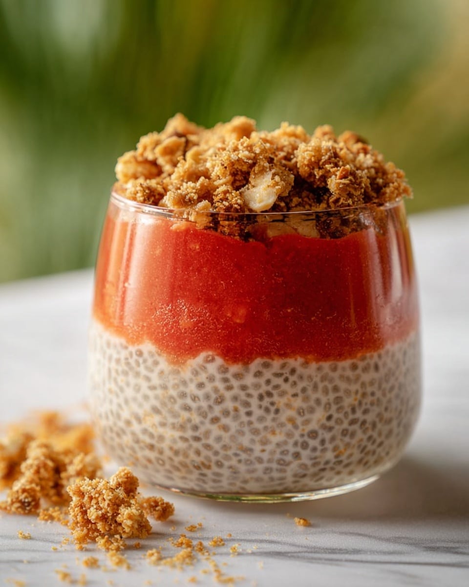 A clear glass jar with three visible layers sits on a white marbled surface. The bottom layer is a bright red fruit puree, smooth in texture and filling about one-fifth of the jar. Above that is a thick chia seed pudding, creamy and off-white with tiny dark chia seeds spread evenly throughout, making up most of the jar's height. The top layer is a crumbly golden-brown granola scattered generously across the chia pudding, some crumbs spilling onto the surface around the jar. The background is softly blurred green, giving a fresh feel. Photo taken with an iphone --ar 4:5 --v 7