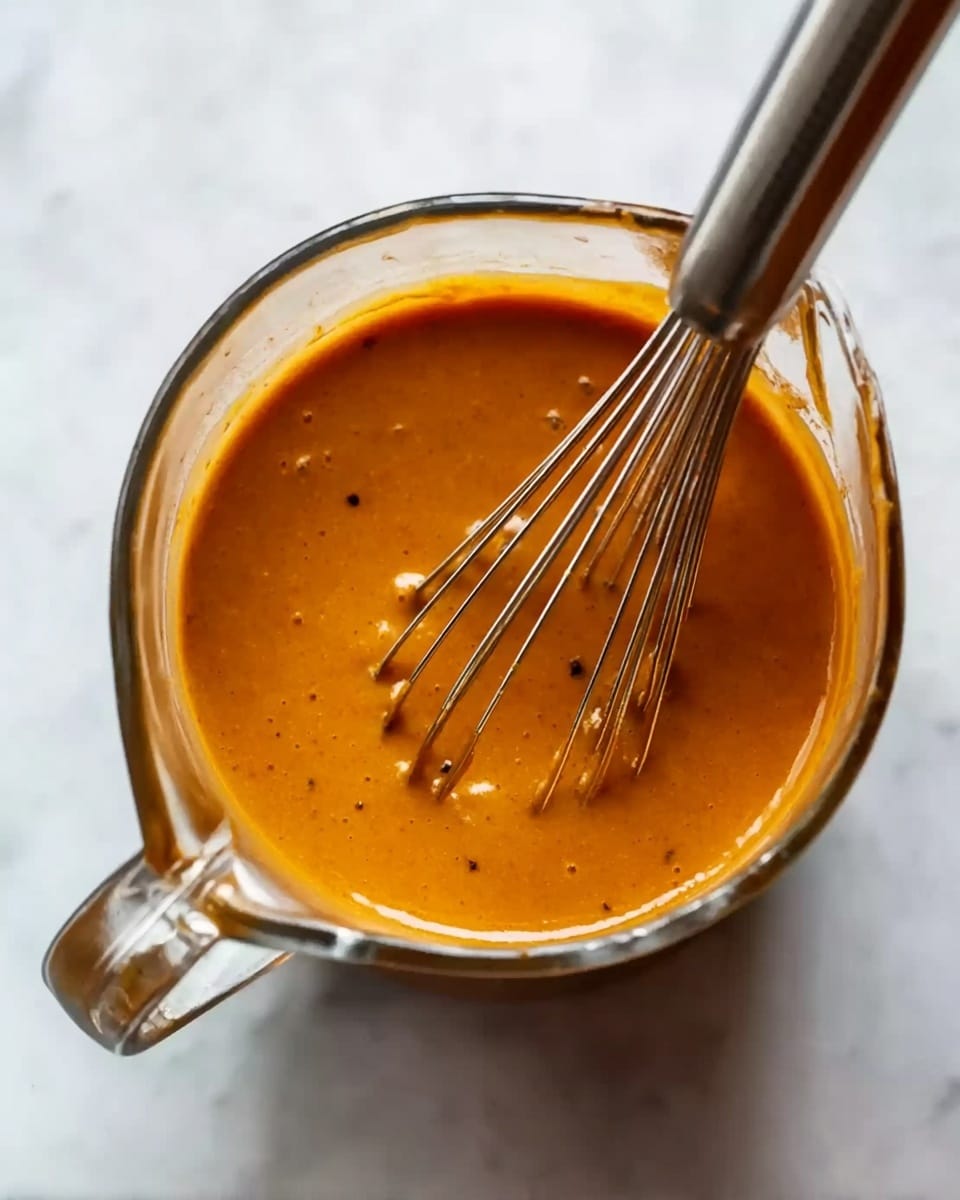 A clear glass measuring cup filled with a smooth, thick, orange-brown sauce. Inside the cup, a metal whisk with a long handle is resting, partially dipped in the sauce. The cup is placed on a white marbled surface. Small dark specks are visible within the sauce, giving it a bit of texture. Photo taken with an iphone --ar 4:5 --v 7