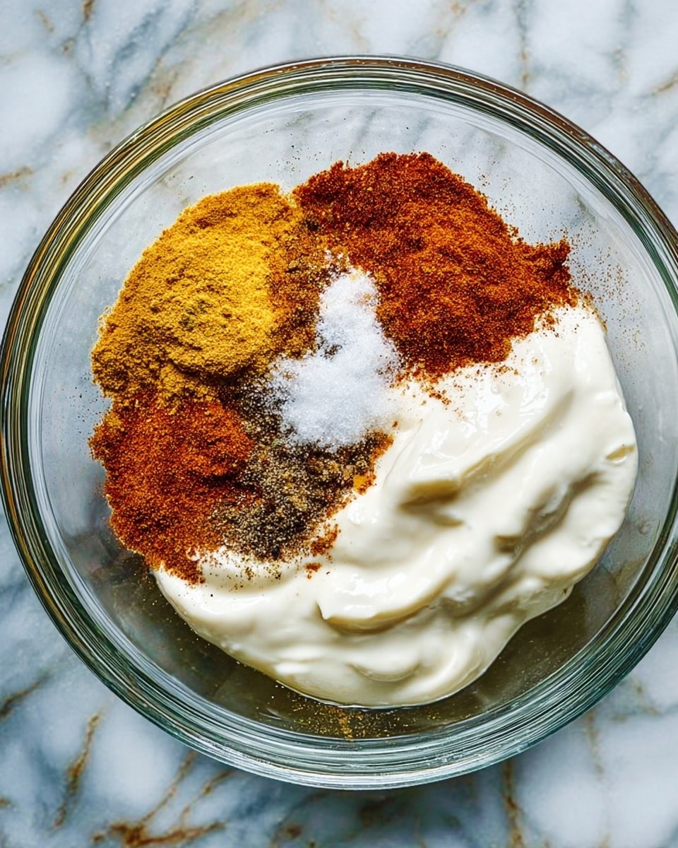 A clear glass bowl sits on a white marbled surface, containing a mix of creamy white yogurt and several spices layered on top. The yogurt forms the base layer on the right side, smooth and thick in texture. To the left of the yogurt, there are piles of colorful spices: a bright yellow turmeric powder, a rusty orange cinnamon powder covering the top right side of the spices, a small spot of white salt in the center, and darker brownish-black pepper scattered around. The spices contrast sharply with the creamy yogurt, and the bowl's transparent texture shows hints of the marbled surface beneath. photo taken with an iphone --ar 4:5 --v 7