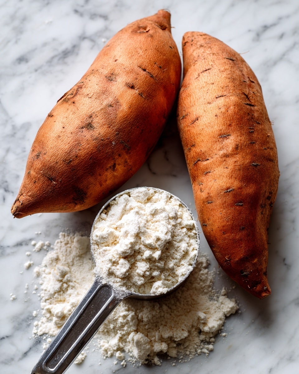 Two whole sweet potatoes with rough brown-orange skin are placed side by side on a white marbled surface. Below them, a metal measuring cup filled with white flour with a soft, powdery texture is positioned with the handle pointing to the right. The text