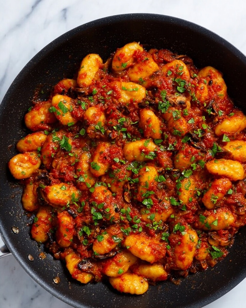 A black skillet filled with a rich, thick tomato sauce layered with golden brown gnocchi pieces that have a slightly crispy texture on the edges. The gnocchi are generously coated with the red sauce which has visible chunks of tomato and small bits of sautéed mushrooms scattered evenly through the dish. Fresh green chopped herbs are sprinkled on top, adding a bright contrast to the warm colors of the gnocchi and sauce. The skillet sits on a white marbled surface. photo taken with an iphone --ar 4:5 --v 7