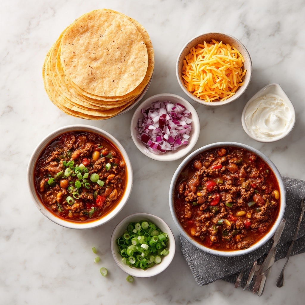 A white oval baking dish filled with a layered baked dish showing a top layer of melted cheese that is golden brown with some darker toasted spots. Underneath the cheese, thick layers of a deep red sauce are visible, creating a rich, textured pattern across the surface. Scattered evenly on top are chopped green onions, adding pops of bright green color. The dish sits on a white marbled surface, with part of a woman's hand holding a utensil slightly visible at the edge. In the background, blurred packaged food items can be seen. photo taken with an iphone --ar 4:5 --v 7