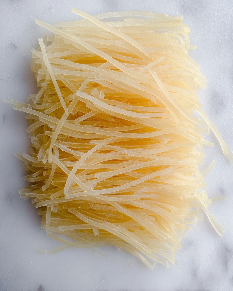 The image shows a pile of dry rice noodles with a semi-transparent, pale yellow color. The noodles are thin and flat, laid out in a slightly messy horizontal stack on a white marbled surface. The light reflects subtly on the smooth texture of the noodles, highlighting their fragile and brittle appearance. photo taken with an iphone --ar 4:5 --v 7
