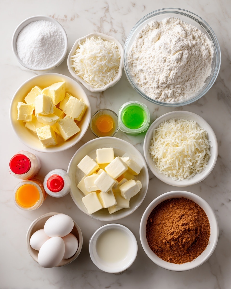 The image shows various baking ingredients placed on a white marbled surface, each in small white bowls or containers. Starting from the top, there is a bowl filled with white powdered sugar, below which there is a larger clear bowl containing white flour mixed with salt and baking powder. To the left of that, a small white bowl holds pale yellow butter chunks. Next to it is a white bowl filled with shredded coconut, and right beside that are two small bottles labeled as coconut flavoring and lime flavoring with red and white caps. Below these, there is a bowl with white chocolate pieces, a white bowl with a single egg, and three small bottles of food coloring in yellow, green, and orange. Finally, at the bottom center, there is a white bowl filled with brown sugar, and beside it a small container of heavy cream and lime juice. The image is bright and clear, photo taken with an iphone --ar 4:5 --v 7
