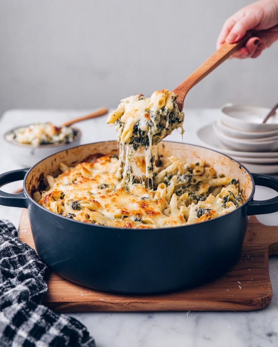 A large dark blue pot sits on a wooden board with creamy baked pasta inside. The pasta is mixed with green leafy vegetables and covered with melted golden brown cheese on top. A woman's hand is holding a wooden spoon lifting some of the creamy pasta, showing a thick texture with white and green colors. In the background, there is a white marbled surface, a folded black and white checkered cloth, and stacked white bowls. The scene is bright and clean. photo taken with an iphone --ar 4:5 --v 7