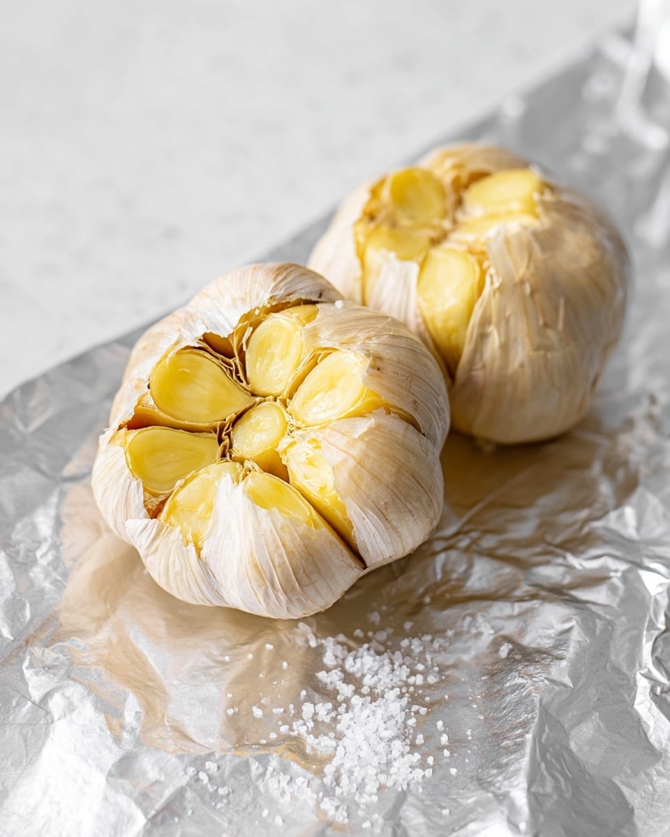 Two garlic bulbs are shown from the top with their peeled skins around them, exposing the cloves inside. Each bulb has about seven cloves with a light yellow color and slightly shiny texture. They rest on a sheet of crinkled silver foil, with a sprinkling of white salt near the bottom. The setting is on a white marbled surface, with a soft focus on the background and a clear close-up on the garlic bulbs. Photo taken with an iphone --ar 4:5 --v 7