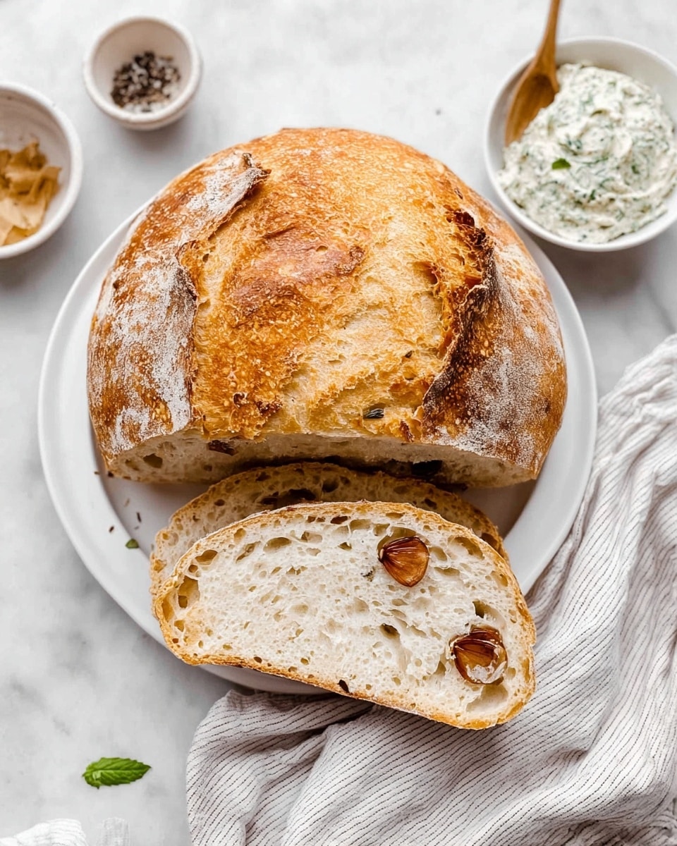 A loaf of round rustic bread with a golden brown, crunchy crust, sits on a white plate on a white marbled surface. The bread is sliced to show a soft, light beige inside with a few whole roasted garlic cloves embedded in the crumb. The white plate rests on a light gray striped cloth. A small white bowl with a creamy herb spread and another bowl with coarse salt and pepper are nearby, adding a fresh and simple touch. Photo taken with an iphone --ar 4:5 --v 7