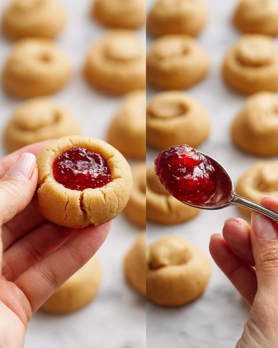 A close-up view of a woman’s hands holding a small round thumbprint cookie with a light brown, soft dough base that has a slight indentation in the center; the indentation is filled with shiny, deep red strawberry jam, spread using a silver spoon held by the woman’s hand. The cookie dough looks smooth with subtle cracks. In the background, multiple similar cookies with the same light brown color are scattered on a white marbled surface. photo taken with an iphone --ar 4:5 --v 7
