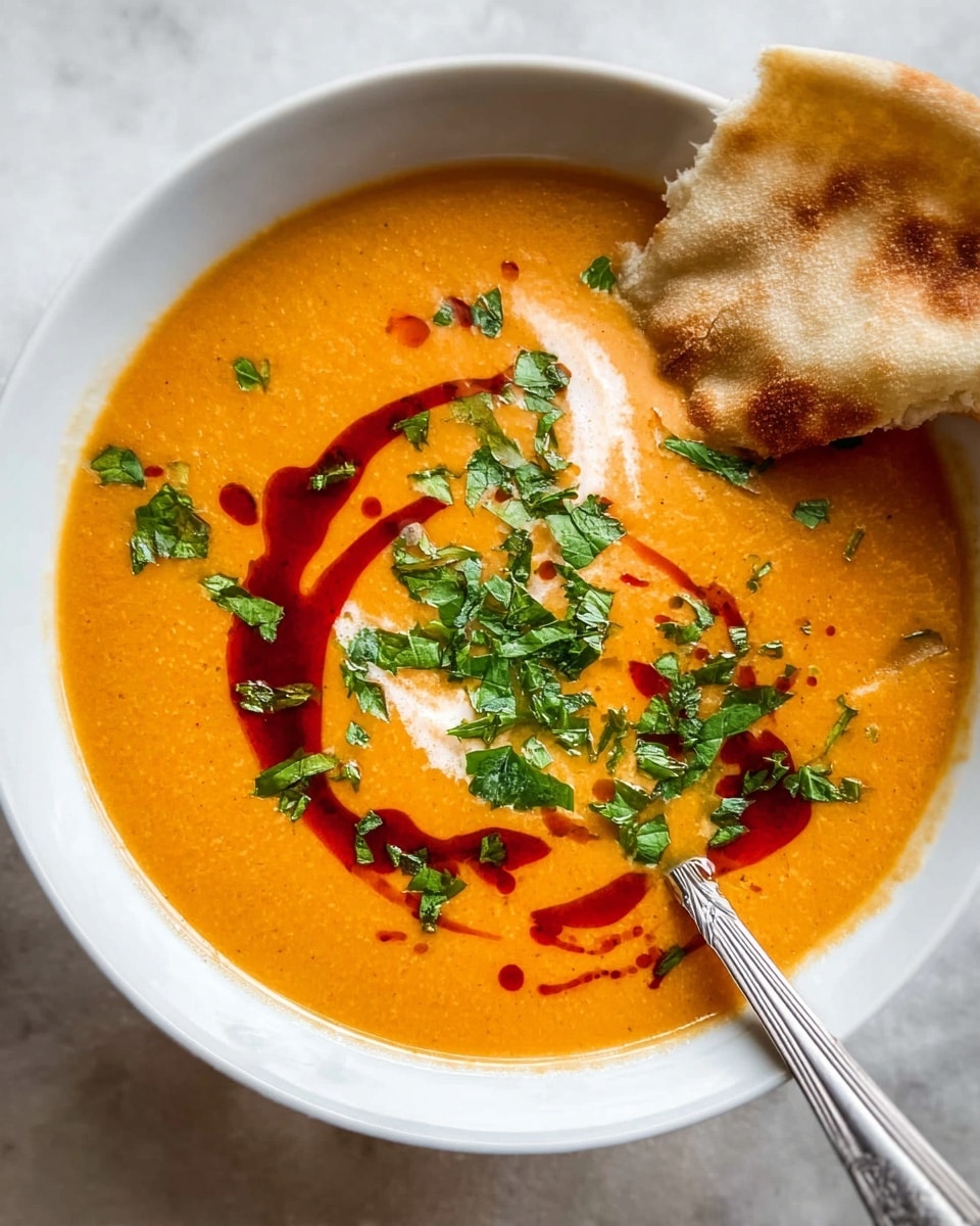 A shallow white bowl holds one layer of smooth orange soup with a creamy texture. On top, there is a swirl of dark red sauce, spreading in a circular pattern near the center. Bright green chopped herbs are sprinkled over the soup, adding fresh color. On the right edge, a piece of soft, light brown flatbread rests, partially dipped in the soup. A silver spoon touches the flatbread with the handle pointing downwards. The whole setup is placed on a white marbled surface. photo taken with an iphone --ar 4:5 --v 7