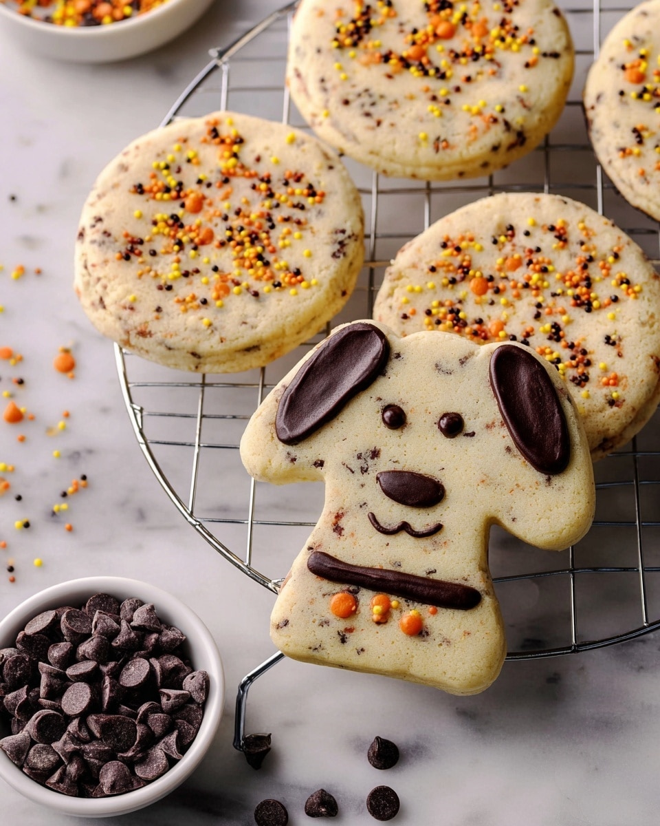 A wire cooling rack holds five round cookies with a light beige base color, speckled evenly with small orange, yellow, and dark brown sprinkles across their surfaces. On the rack, there is also a dog-shaped cookie with a smooth, pale dough layer, decorated with dark brown chocolate details forming the ear, eye, nose, mouth, and a collar. Below the rack, there is a small white bowl filled with dark chocolate chips on a white marbled surface, with a few chips scattered loosely nearby. photo taken with an iphone --ar 4:5 --v 7