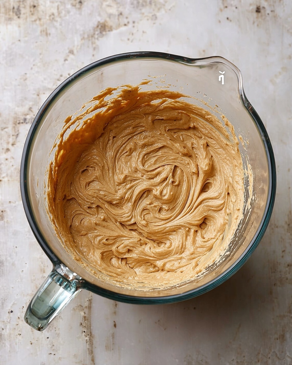 The image shows a clear glass mixing bowl filled with a creamy, light brown mixture with a smooth, whipped texture. The mixture fills most of the bowl and has swirling patterns on its surface, suggesting it has just been stirred. The bowl is placed on a white marbled surface, which has subtle grey veins creating a soft pattern. The bowl’s handle and spout are visible, adding detail to the scene. photo taken with an iphone --ar 4:5 --v 7