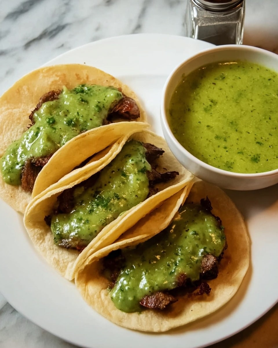Three soft corn tortillas sit side by side on a white plate over a white marbled surface. Each tortilla holds a layer of dark brown, grilled meat at the bottom, topped with a thick, bright green sauce spread unevenly across the meat. To the right of the plate, a white bowl is filled with more of the same green sauce, showing a smooth texture with herb bits. A small glass salt shaker stands behind the plate. Photo taken with an iphone --ar 4:5 --v 7