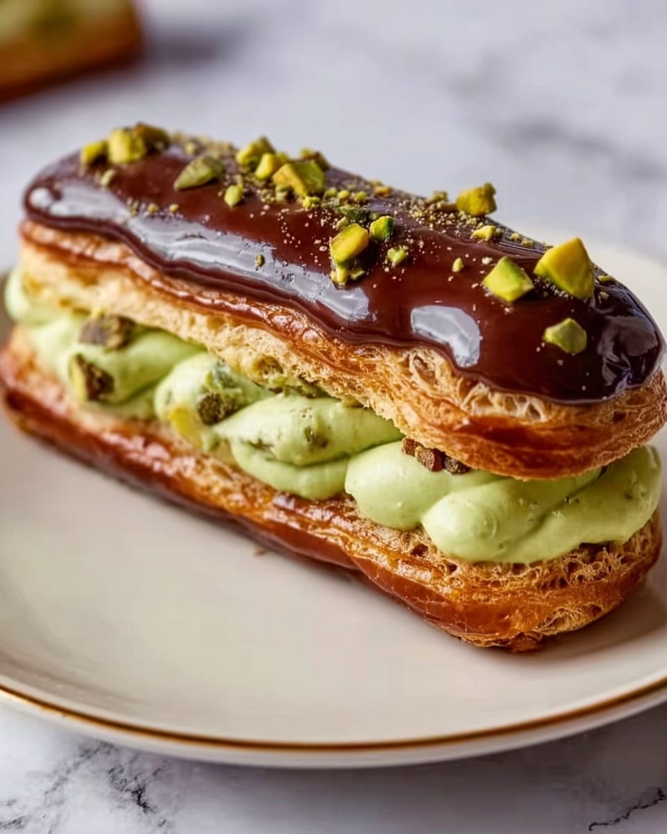 The image shows a close-up of a layered éclair on a white plate with a thin gold rim, placed on a white marbled surface. The éclair has three visible layers: the top layer is a shiny dark chocolate glaze with small chopped pistachio pieces sprinkled on it; the middle layer is a thick, light green cream with small bits of pistachio inside, peeking out from the sides; the bottom layer is a golden brown, flaky pastry with a smooth texture. The éclair looks fresh and rich, with the pistachio nuts adding a touch of color on the chocolate and cream layers. Photo taken with an iphone --ar 4:5 --v 7