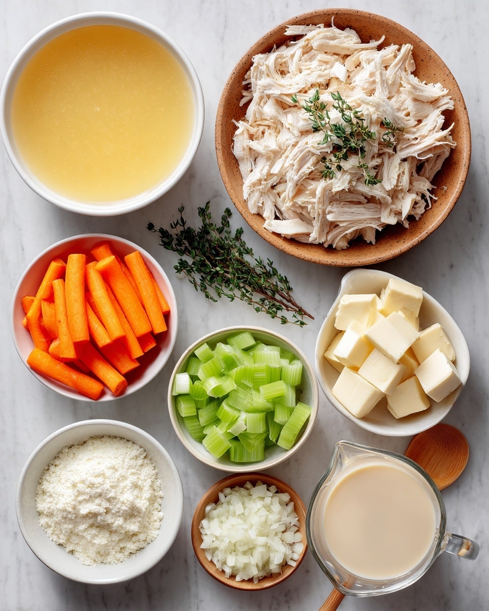The image shows ten small white bowls arranged on a white marbled surface, each containing a different ingredient for cooking. Starting from the top left, there is a bowl filled with light yellow broth, next to it a bowl with shredded pale chicken sprinkled with green thyme leaves. Below the chicken, a bowl has thin orange carrot sticks, and nearby is a small bowl with green celery pieces. To the right, there are small bowls containing cubes of pale yellow butter, off-white flour, and minced white garlic. At the bottom center, a larger bowl holds chopped white onion, next to a wooden spoon with white baking powder. Finally, a clear measuring cup contains smooth, light beige evaporated milk. The ingredients are evenly spaced, with good light highlighting the fresh textures. Photo taken with an iphone --ar 4:5 --v 7