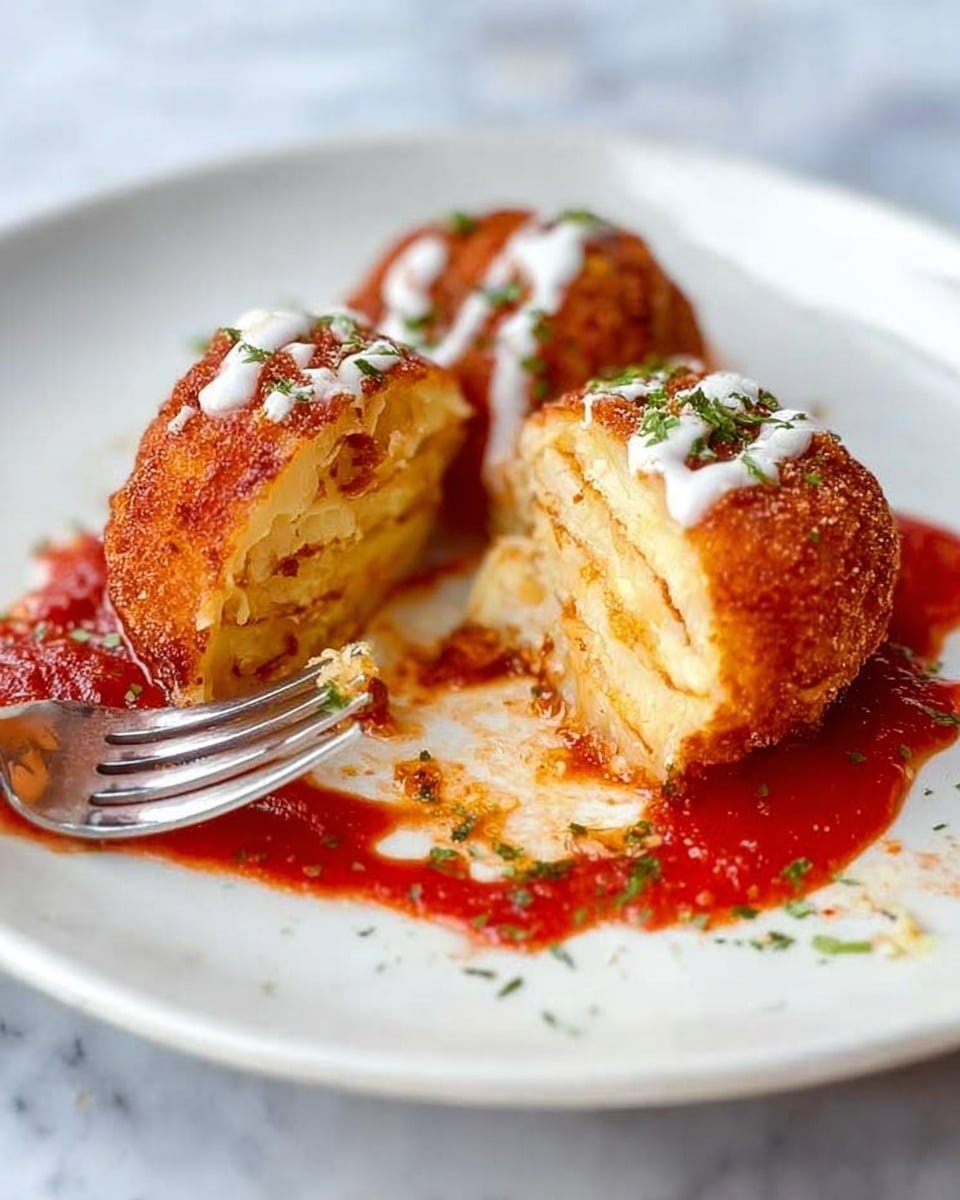A white plate with a round, fried food item that is cut in half showing many thin, light yellow layers inside. The outside is golden brown and crispy. The food sits on a red sauce spread on the plate. White sauce with small green herbs is drizzled on top of the fried item. A silver fork is on the plate near the food, with a bit of sauce on it. The plate is on a white marbled surface. photo taken with an iphone --ar 4:5 --v 7
