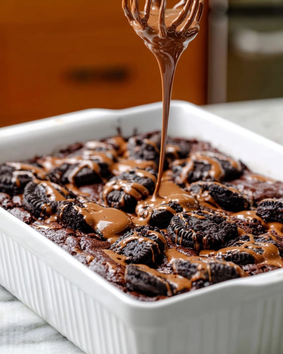 A white baking dish filled with a thick layer of dark chocolate brownies, topped with chunks of dark cookies spread evenly over the surface. A woman's hand holds a whisk above, dripping smooth, light brown chocolate sauce in a thin stream over the top, creating a drizzled pattern covering the brownies and cookies. The background features a white marbled surface and blurry warm tones. photo taken with an iphone --ar 4:5 --v 7