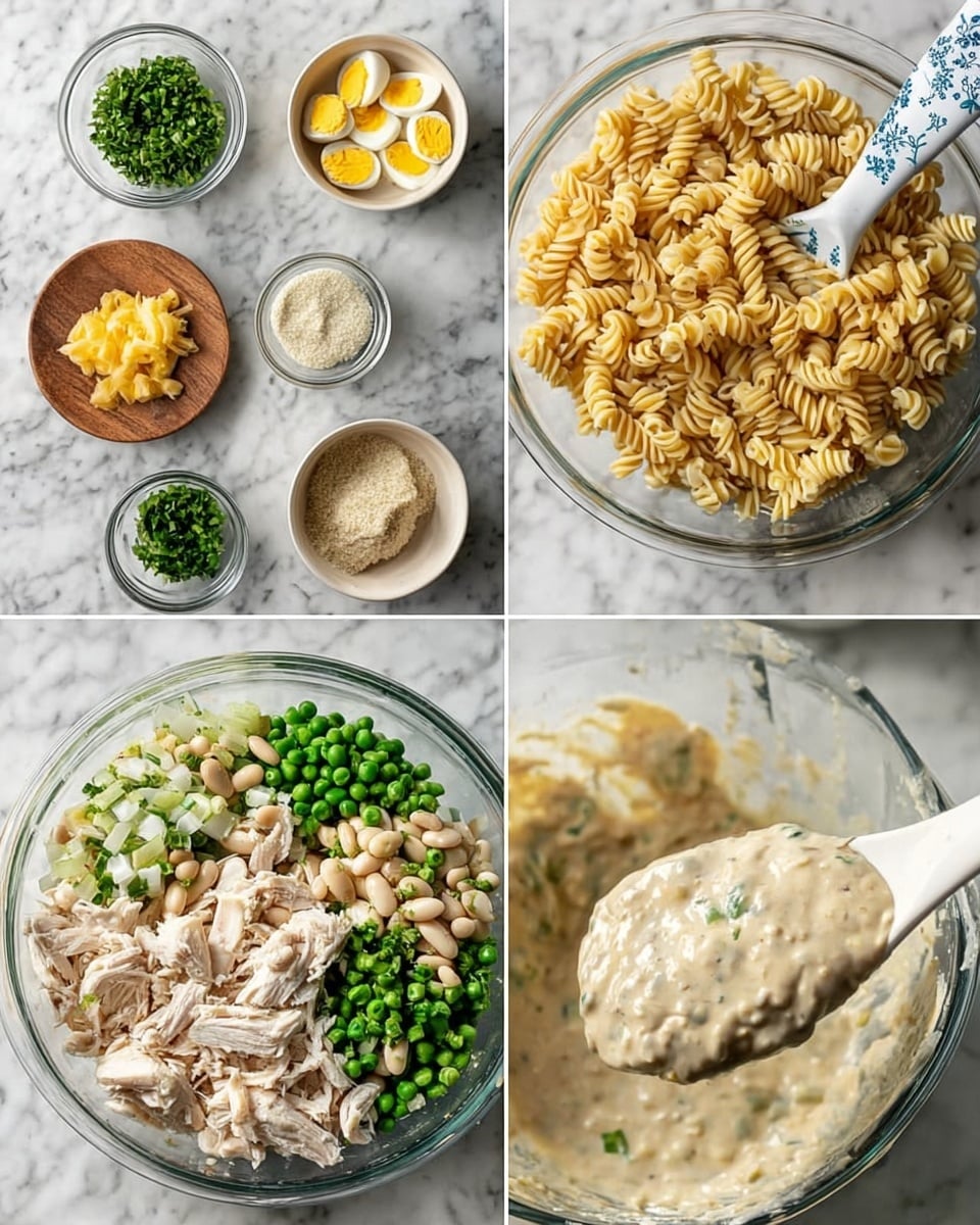 The image shows four scenes of making a pasta salad. In the first scene, several white bowls and glass dishes are on a white marbled surface, holding different ingredients: a bowl with yellow and white chopped boiled eggs, a wooden plate with cooked rotini pasta, a bowl with shredded chicken, a glass bowl with mayonnaise, a small bowl with green herbs, and others with peas, white beans, chopped green onions, mustard, and honey. The second scene shows a close-up of a white spoon lifted from a small food processor, holding thick, creamy light beige dressing with visible small herbs. The third scene is a large clear glass bowl on the white marbled surface holding all the ingredients in separate sections: green peas, white beans, chopped green onions, shredded chicken, chopped eggs, pasta, fresh herbs, and the creamy dressing on top. The final scene shows the same large bowl with all ingredients fully mixed into a creamy pasta salad with light beige dressing, green peas, bits of egg, chicken, and herbs evenly spread. A white spatula with blue designs rests on the bowl's edge. photo taken with an iphone --ar 4:5 --v 7