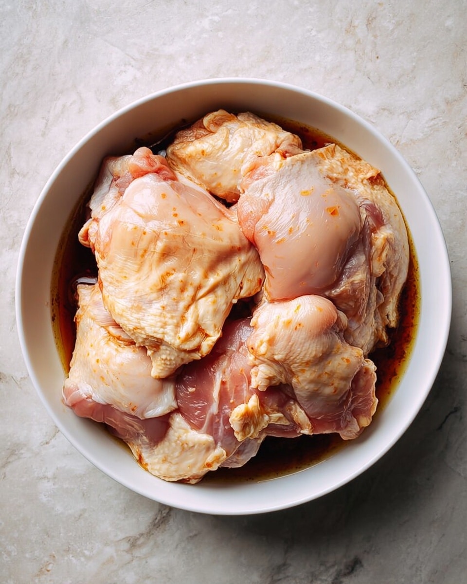 A white bowl filled with several raw chicken pieces layered closely inside, showing a mix of light pink and beige skin with some yellowish fat parts. The chicken is sitting in a dark brown marinade that partially covers the bottom of the bowl. The bowl is placed on a white marbled surface. photo taken with an iphone --ar 4:5 --v 7