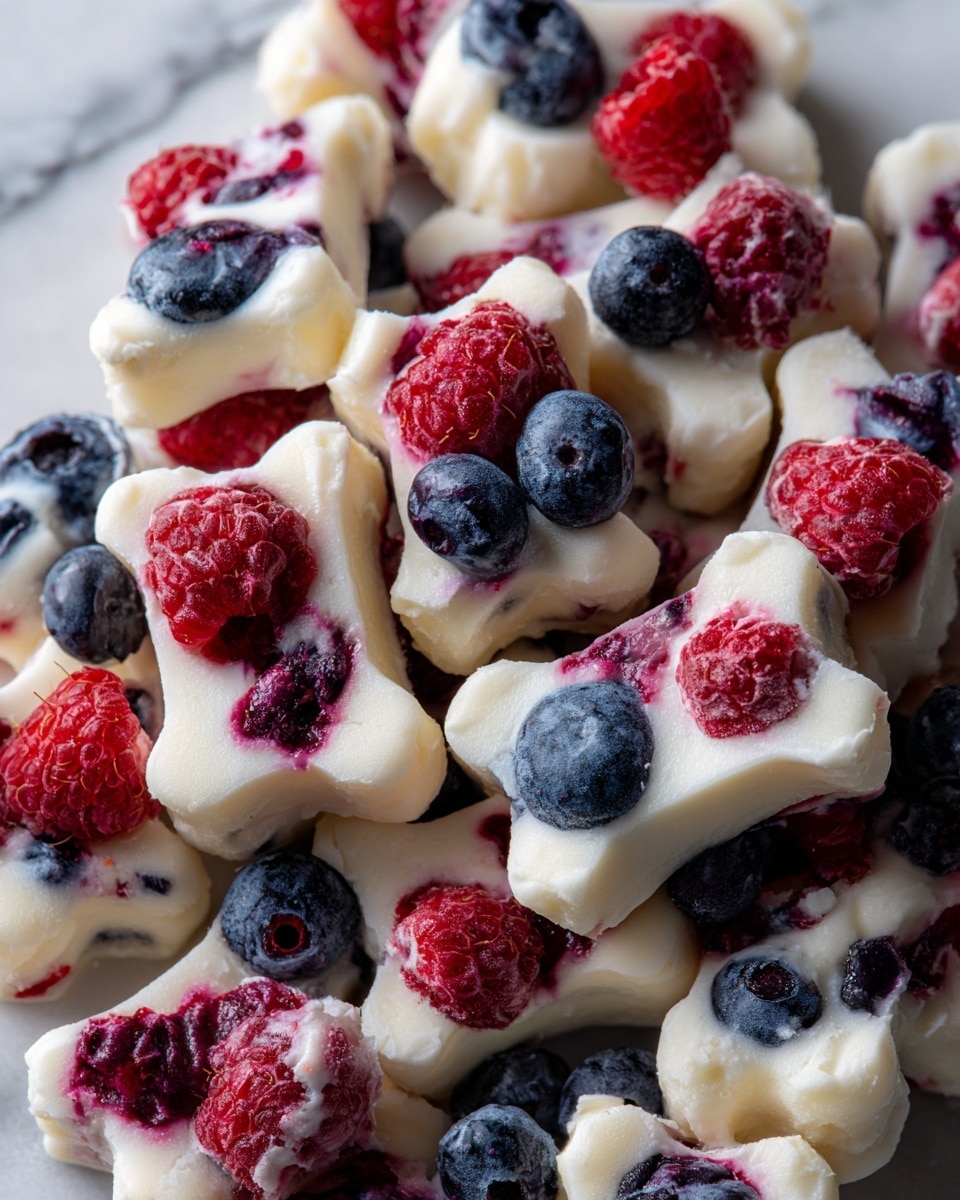 The image shows many small bone-shaped frozen treats made of white creamy yogurt mixed with whole blueberries and raspberries inside. Each bone-shaped piece has bright red raspberries and dark blue blueberries frozen within the smooth white yogurt, giving a fresh and cool look. The treats are piled closely together, showing their frosty texture and the mixture of berry colors inside the creamy white layer. The background features a white marbled texture. photo taken with an iphone --ar 4:5 --v 7