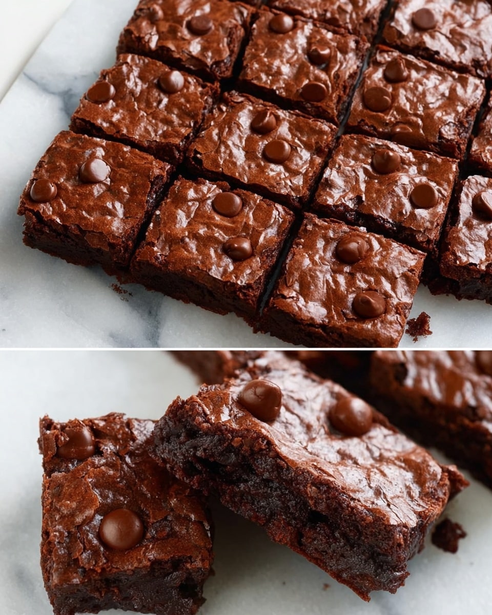 The image shows a batch of rich chocolate brownies on a white marbled surface. The brownies are cut into a 4x4 grid of 16 pieces, each square is dark brown with a shiny, slightly cracked top layer. Scattered on the surface are smooth, round chocolate chips that add texture. The bottom layer is dense and moist, visible in a close-up where one square is held above the others, showing a slightly lighter brown inside with a soft, cake-like texture. The overall look is thick and fudgy with a glossy top. photo taken with an iphone --ar 4:5 --v 7