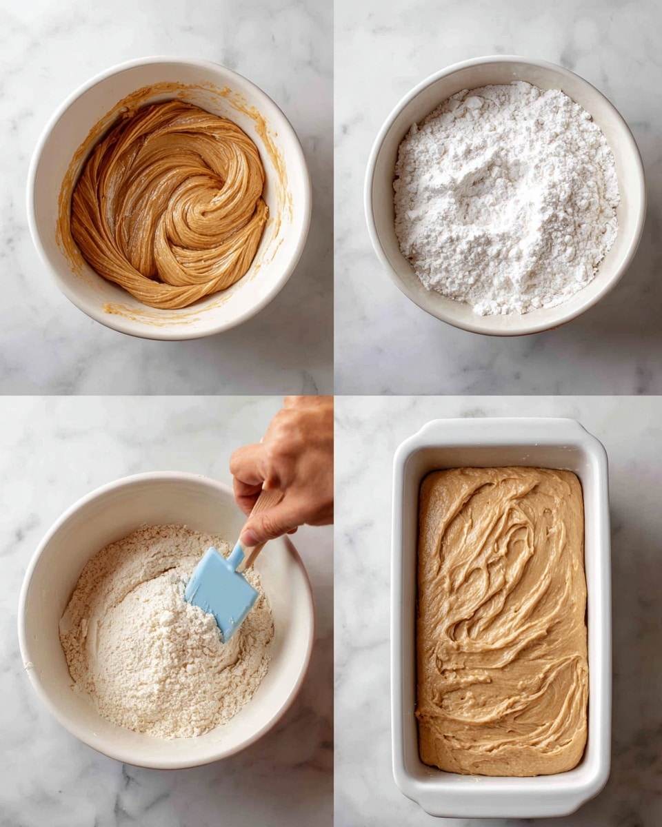 The image shows four steps of mixing dough in white bowls on a white marble surface. Step 1 has a single white bowl filled with smooth light brown dough with swirls inside. Step 2 adds a heap of white powder on top of the dough in the same bowl. Step 3 shows a woman's hand holding a light blue spatula mixing the thick dough which now looks grainy and more solid. Step 4 shows the dough spread evenly in a long white rectangular tray, with texture marks made by the spatula. Photo taken with an iphone --ar 4:5 --v 7