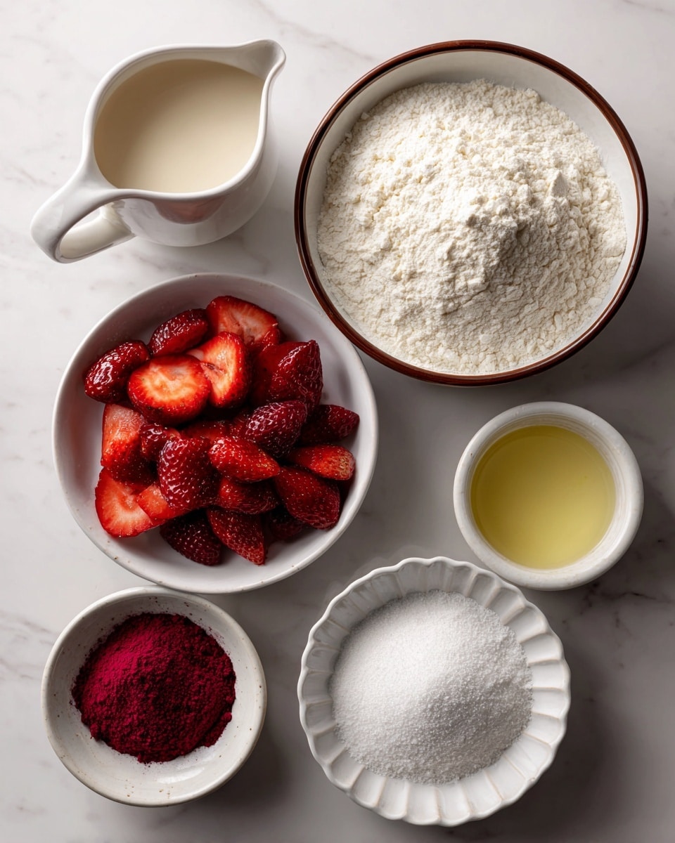 The image shows a white marbled surface with seven containers holding ingredients for a recipe. At the top right is a white bowl with a brown rim filled with white flour. Near it on the right is a small white bowl holding white sugar. At the top left, there is a small white pitcher filled with beige dairy-free milk. Below the pitcher is a white bowl with a brown rim filled with fresh or frozen sliced red strawberries. In the center is a small white bowl with light yellow oil. Below it on the left is a small white bowl with bright pink beetroot powder or food coloring. On the bottom right is a fluted white bowl containing white baking agents. The items are neatly arranged and labeled with black and white text. The scene has soft, natural light and a clean, simple look. photo taken with an iphone --ar 4:5 --v 7