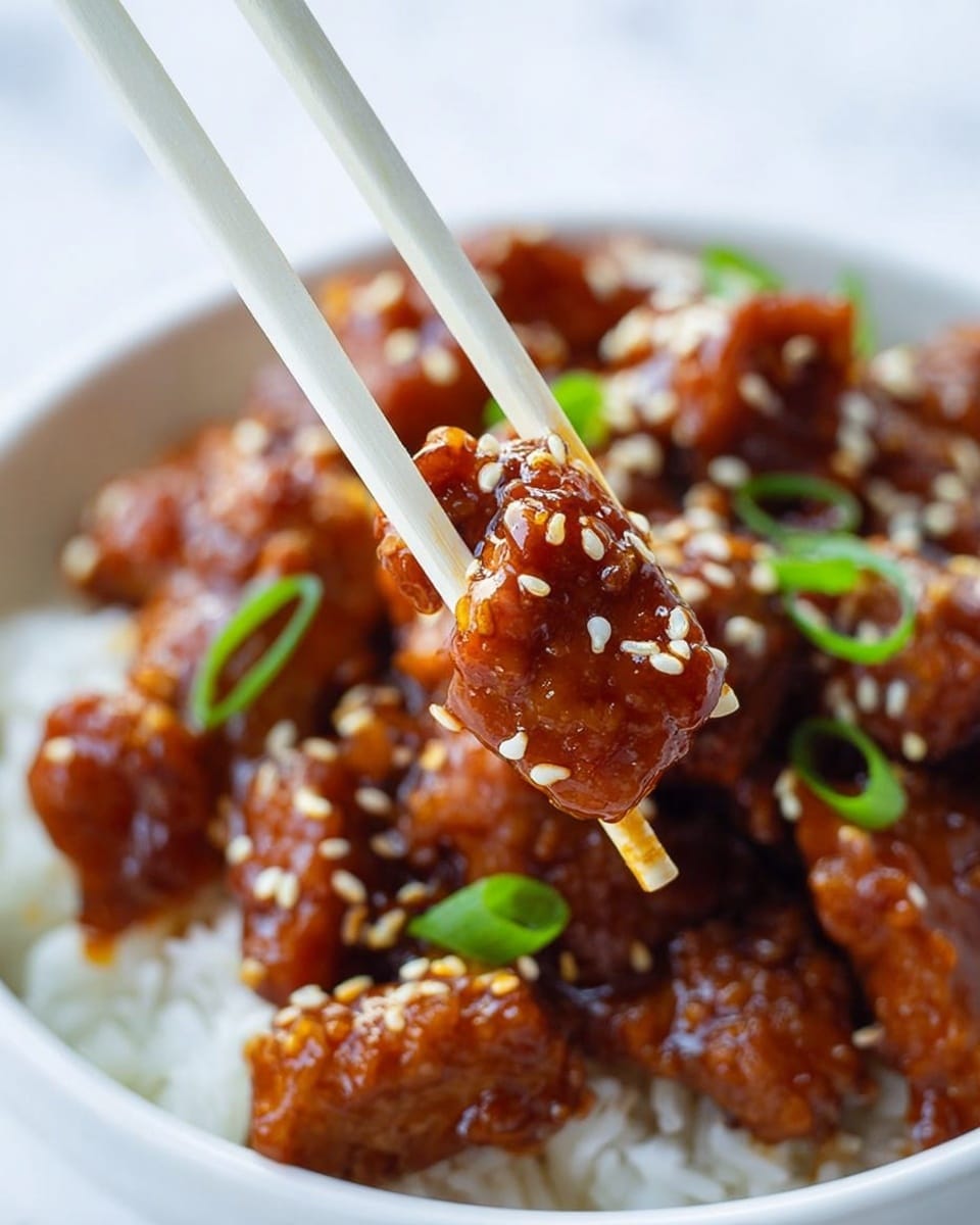 The image shows a close-up of a piece of sticky, shiny, dark orange-brown meat covered in sesame seeds, lifted by white chopsticks. The meat looks tender and is part of a saucy dish with more similar pieces beneath it, mixed with small green onion slices. This is all served over a bed of fluffy white rice, inside a white bowl. The background is a white marbled texture. photo taken with an iphone --ar 4:5 --v 7