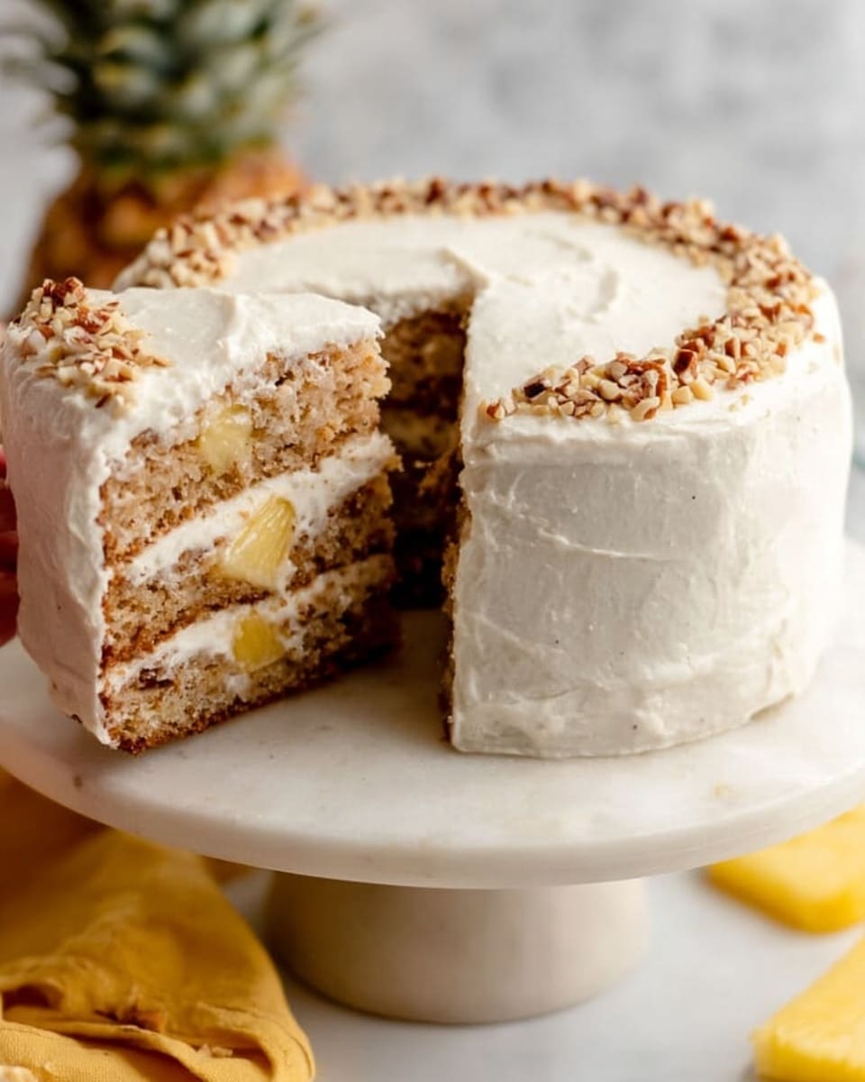 The image shows a three-layer round cake covered in smooth white frosting, sitting on a white marble cake stand. Each cake layer is light brown with small pieces of pineapple and nuts visible inside. Between the layers is a thick layer of creamy white frosting. The top of the cake has a thin ring of small chopped nuts sprinkled around the edge. A woman's hand is pulling a slice out of the cake, showing the inside texture clearly. The background has a white marbled texture with a pineapple and a yellow cloth blurred behind the cake. photo taken with an iphone --ar 4:5 --v 7