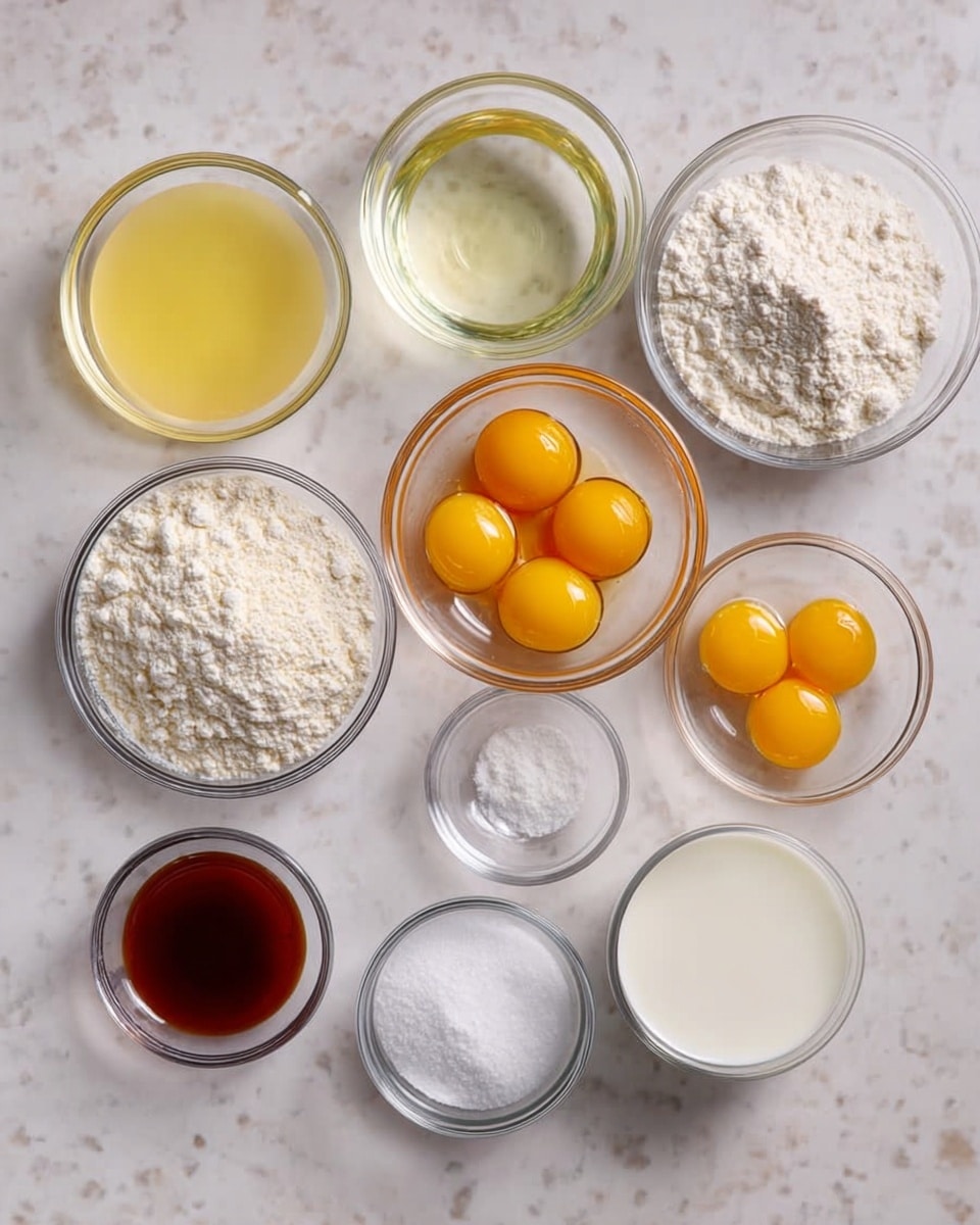 The image shows nine clear glass bowls on a white marbled surface, each containing different ingredients arranged in a neat grid. The top row has three bowls: the left bowl with a pale yellow liquid, the middle bowl with clear slightly thick liquid, and the right bowl filled with seven vibrant yellow egg yolks. The middle row has two larger bowls: the left one holds fine white flour and the right one is filled with white granulated sugar. The bottom row has four smaller bowls: the leftmost contains a dark brown liquid, next is a bowl with a small amount of white salt, then a bowl of white powder, and finally a bowl of white liquid, likely milk. photo taken with an iphone --ar 4:5 --v 7