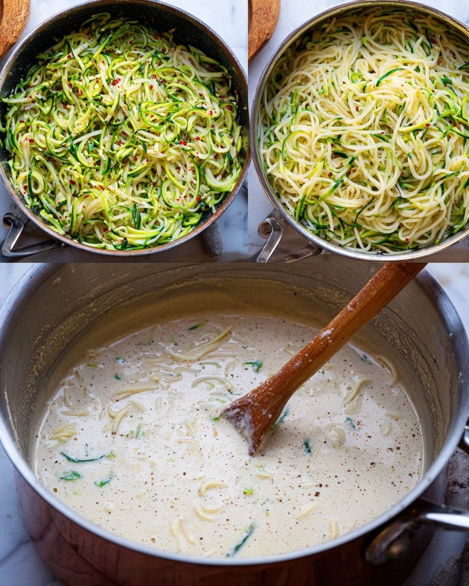 The first pan shows a layer of shredded green zucchini mixed with small red pepper flakes and herbs, stirred by a wooden spoon resting inside the pan, all on a white marbled surface with a lemon and parmesan blocks nearby. The second pan contains a creamy white sauce with visible specks of black pepper and herbs, smooth in texture with small bubbles, also placed on the white marbled texture with the same background items. The third pan holds cooked spaghetti mixed with the shredded green zucchini and creamy sauce, creating a textured layer of noodles and vegetables blending all colors together, with the same white marbled surface and surrounding items. Photo taken with an iphone --ar 4:5 --v 7