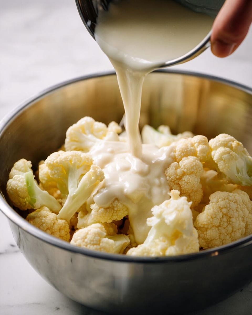 A close-up image shows a metal bowl filled with light cream-colored cauliflower pieces. A woman's hand is pouring a thick, smooth white sauce over the cauliflower inside the bowl. The cauliflower looks slightly steamed with a soft texture. The sauce flows slowly, creating a creamy layer over the cauliflower. The background surface has a white marbled texture. photo taken with an iphone --ar 4:5 --v 7