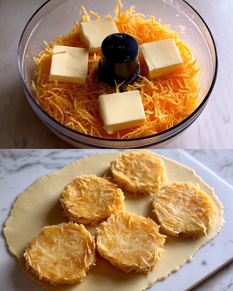 The first image shows a clear glass bowl containing finely shredded orange cheese with four thick pieces of cream-colored butter spread evenly on top, surrounding a central black food processor blade. The second image shows a sheet of pale yellow dough rolled thin on a white marbled surface, with an orange plastic cutter pressing shapes into the dough near the edge. photo taken with an iphone --ar 4:5 --v 7