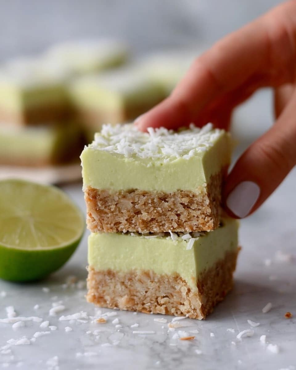 The image shows a stack of two square dessert bars on a white marbled surface. Each bar has two thick layers: the bottom layer is light brown with a rough texture and visible coconut flakes, while the top layer is smooth and pale green, resembling a soft cream or frosting. The top of the bars is lightly sprinkled with small white flakes. A woman’s hand is gently holding the top bar, with fingers pressing softly on the green layer. To the left of the bars, there is a half lime placed on the white marbled surface. The background is softly blurred with more bars visible. Photo taken with an iphone --ar 4:5 --v 7