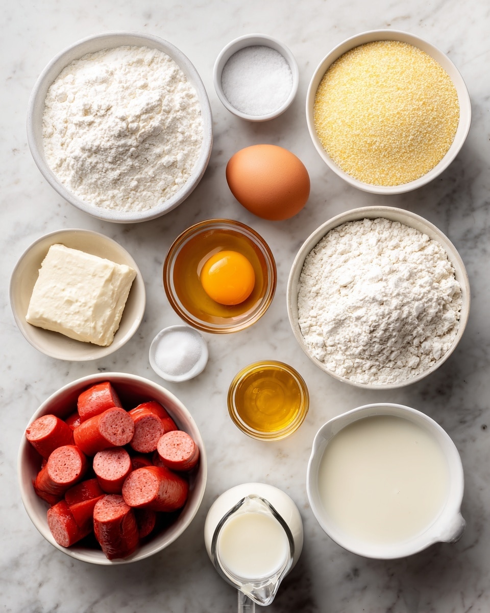 The image shows 11 ingredients arranged on a white marbled surface. At the top left, there is a small bowl of white baking powder with a smaller compartment containing salt. To the right is a white bowl filled with light yellow cornmeal. Next to the cornmeal is a brown egg. Below the egg is a small clear bowl of golden honey. Below the baking powder and salt is a small white bowl of white sugar. Below the sugar is a glass jug filled with white buttermilk. Beside buttermilk is a white measuring cup with light yellow oil. To the right of the oil is a white bowl filled with white flour. At the bottom left, a larger white bowl holds short, cut pieces of red hot dogs. The ingredients are spaced evenly, with clear labels identifying each item. Photo taken with an iphone --ar 4:5 --v 7