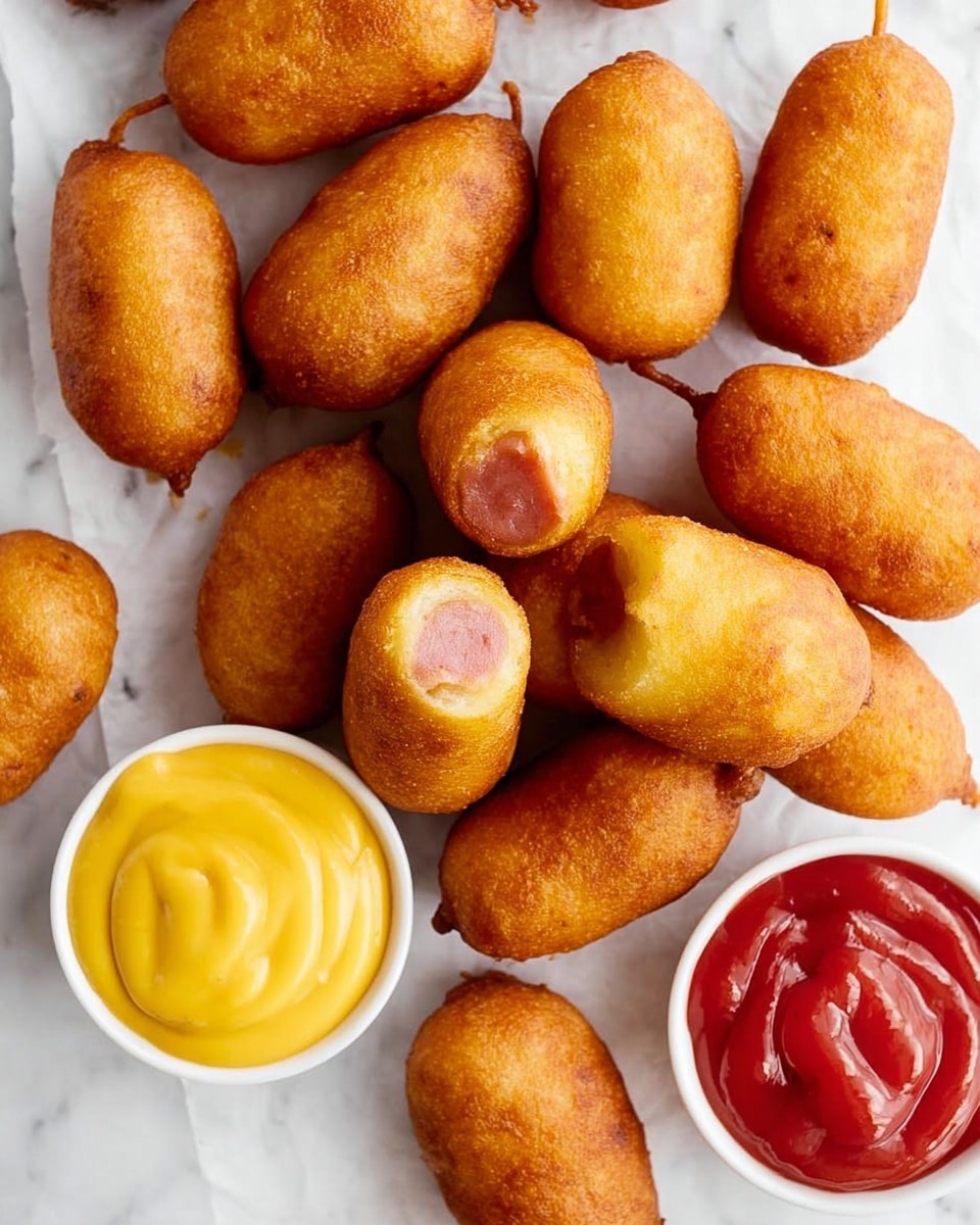 Several small, golden brown corn dogs with a crisp outer layer are spread over a white marbled surface. One corn dog is broken open, revealing a pink sausage inside with a thick, fried batter surrounding it. Near the corn dogs, there are two small white bowls of dipping sauce, one filled with smooth, bright yellow mustard and the other with shiny, red ketchup. Photo taken with an iphone --ar 4:5 --v 7