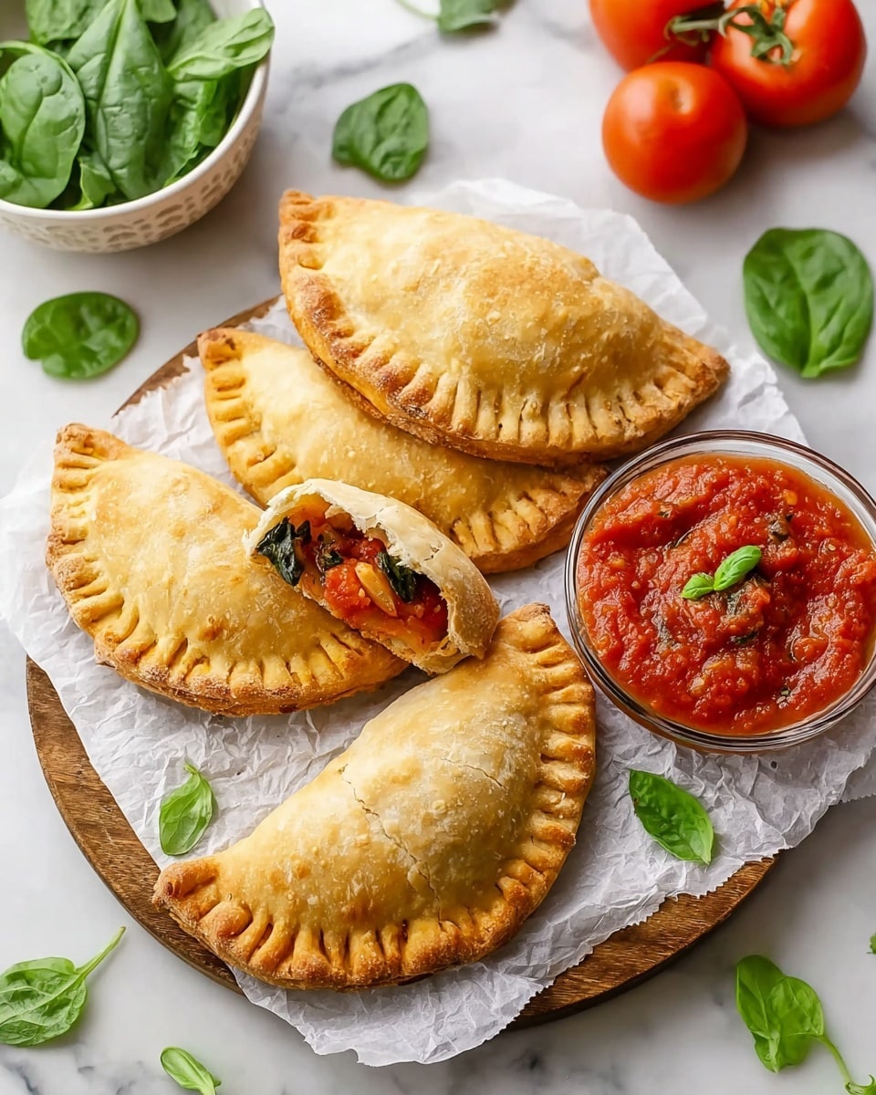 The image shows four golden-brown calzones placed on parchment paper over a round wooden board set on a white marbled surface. Each calzone has a crimped edge with slightly puffed and textured dough, with a few torn parts revealing a red tomato sauce filling and some green basil leaves inside. Two calzones are stacked, with the top one slightly opened to show the rich tomato sauce and herbs. Around the board are scattered fresh basil leaves, and to the left, a white bowl contains fresh green spinach and two bright red cherry tomatoes. On the right side of the board, there is a clear glass bowl filled with thick red tomato sauce topped with a small basil leaf. Photo taken with an iphone --ar 4:5 --v 7
