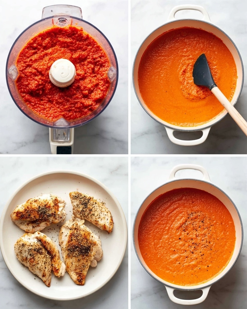 The image shows three large pieces of meat covered in bright red tomato sauce with a thick, slightly textured surface inside a white pot with grey handles. The sauce has some small bits and sprinkles of black pepper and grated cheese on top. On each piece of meat, there is a small fresh green basil leaf placed in the center. The pot is resting on a white marbled surface that is soft and clean. Photo taken with an iphone --ar 4:5 --v 7