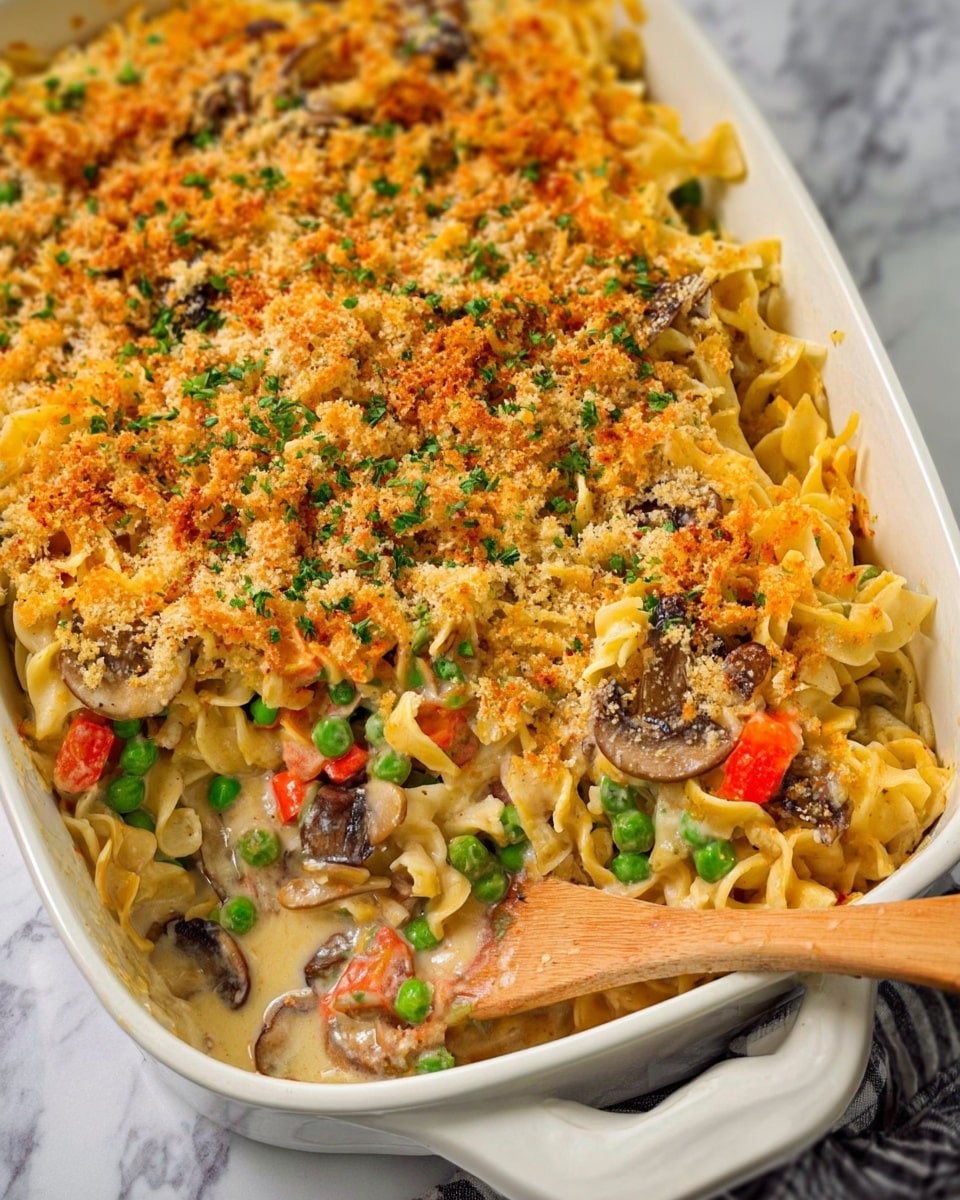 The image shows a white casserole dish filled with a noodle casserole topped with a golden, crispy breadcrumb and melted cheese layer. Below the topping, wide egg noodles mix with bright green peas, small red bell pepper pieces, and sliced brown mushrooms, creating a colorful contrast. The casserole looks creamy and hearty, with the noodles and vegetables visible through the crunchy topping. There is a wooden spatula resting on one side of the casserole dish, ready to serve. The dish sits on a white marbled surface. photo taken with an iphone --ar 4:5 --v 7