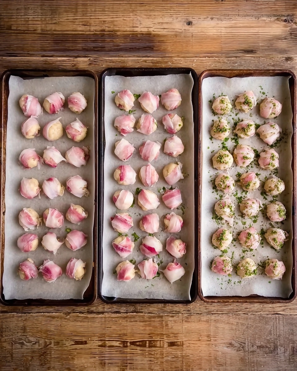 The image shows three trays lined with parchment paper, each tray containing small, round pieces of food in different stages of preparation. The first tray on the left has raw, pinkish dough balls evenly spaced. The middle tray shows the same dough balls covered with thin strips of pale pink meat wrapped around them. The right tray features the wrapped dough balls sprinkled with green herbs on top, giving them a textured look. All trays are placed on a wooden surface that contrasts with the food. photo taken with an iphone --ar 4:5 --v 7