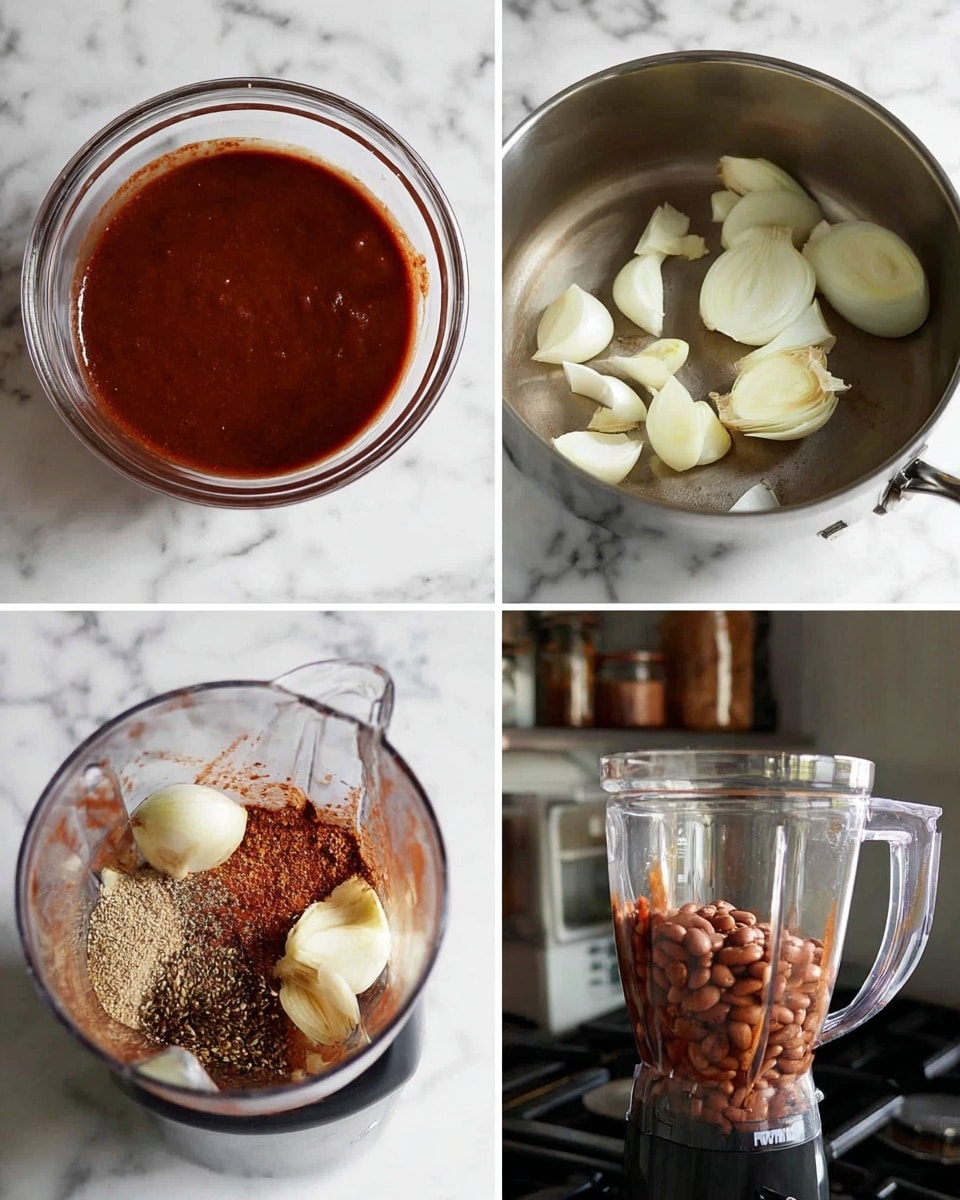 The image shows four smaller photos arranged in a grid on a white marbled surface. The top left photo features a clear glass bowl filled with smooth, deep reddish-brown sauce, resting directly on the white marbled surface. The top right photo displays a stainless steel pan on a stove with several white onion wedges and two whole garlic cloves inside. The bottom left photo captures a close-up inside a blender container holding caramelized onion slices, light brown powder, and cumin seeds in layers. The bottom right photo shows the same blender with the ingredients, including reddish sauce, beans, and onions, partially blended, all placed on the same white marbled surface with blurred kitchen items in the background. Photo taken with an iphone --ar 4:5 --v 7